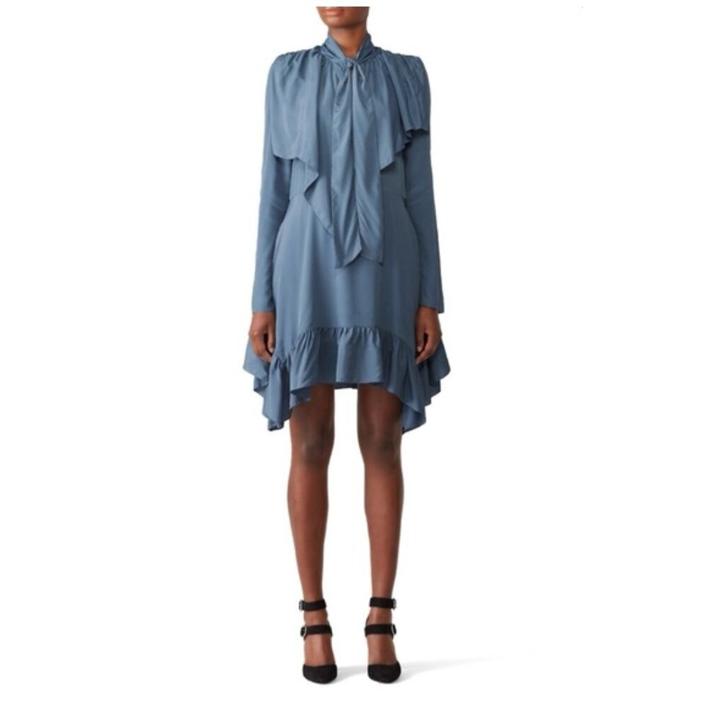 See by Chloé Crepe de Chine Blue Silk Blend Tie-Neck Ruffle Hem Mini Dress EU36